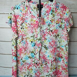 Liz Claiborne White Floral Ruffle Tie-Neck Blouse with Pink and Blue Accents